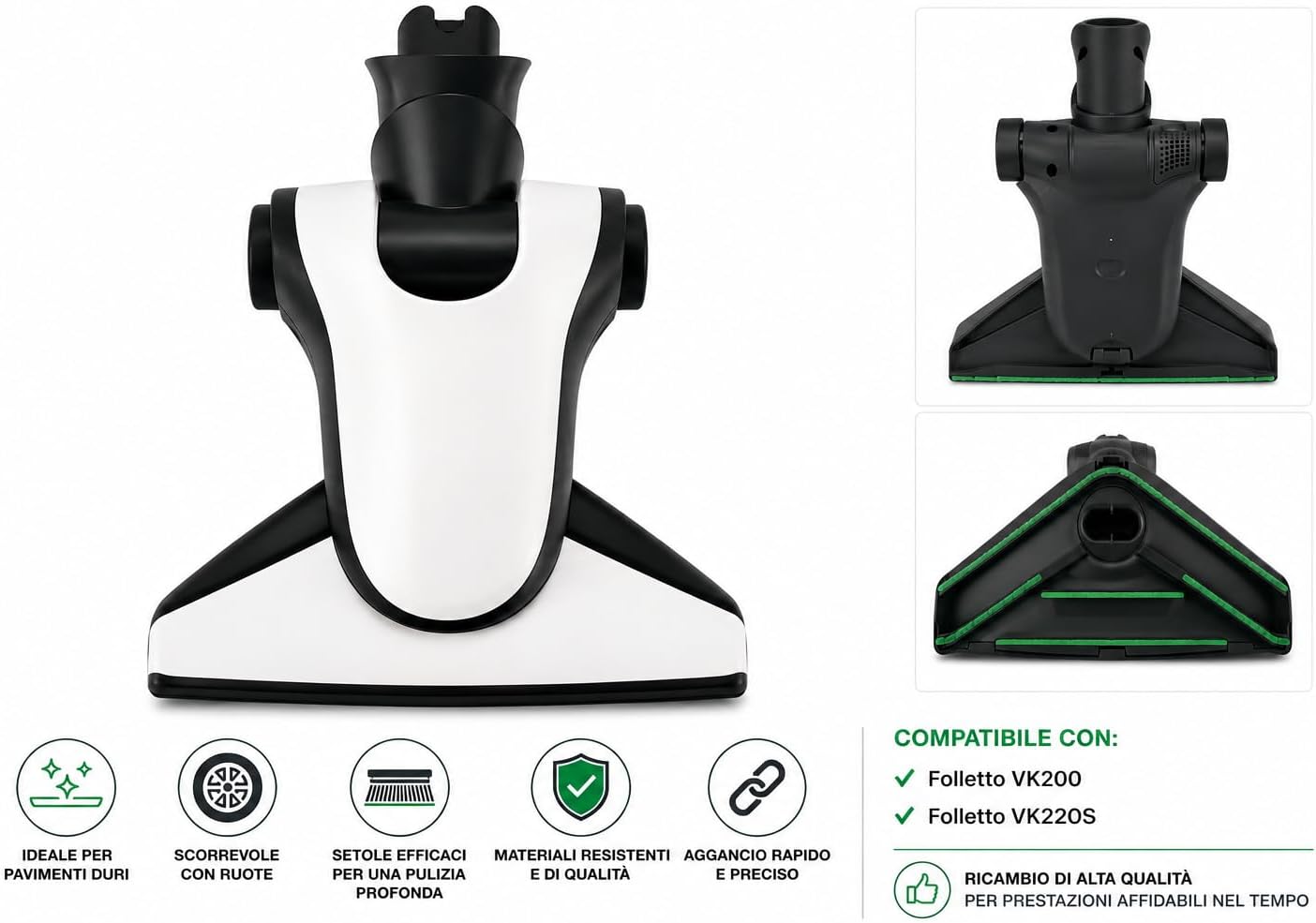 Spazzola HD60 Compatibile con Folletto VK200 VK 220 S per Pavimenti Duri con Ruote | Bocchetta Aspirapolvere con Setole ad Alta Scorrevolezza | Ricambio di Alta Qualità - immagine 3