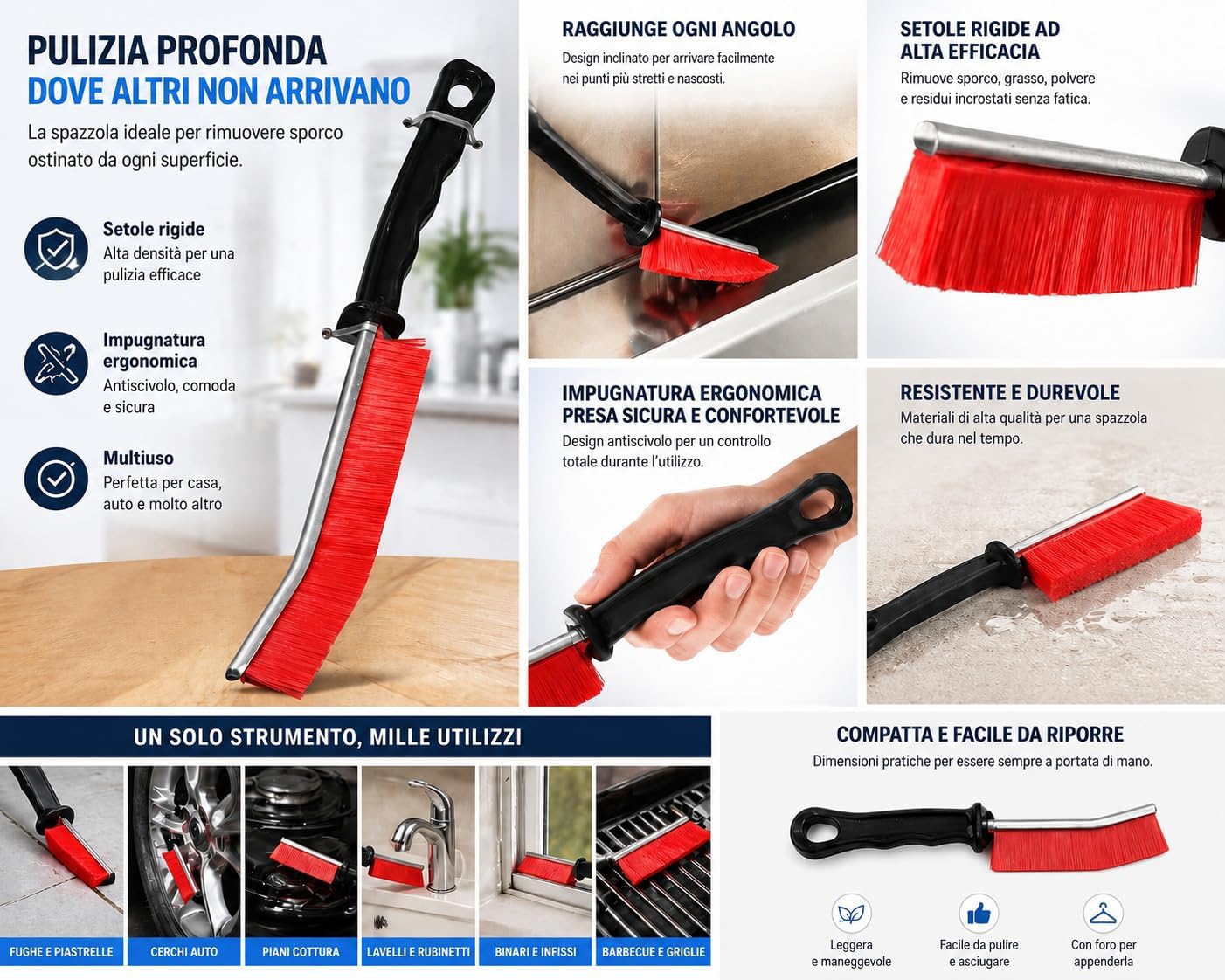Spazzola Pulizia Universale con Setole Rigide – Ideale per Giunti, Fughe, Cerchi Auto e Superfici Difficili – Impugnatura Ergonomica Antiscivolo (3 pz nella confezione) - immagine 3