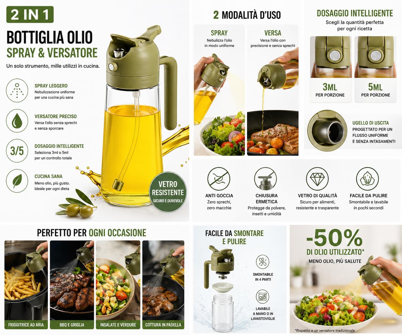 HOMELY Bottiglia Olio Spray 2 in 1 con Dosatore in Vetro – Spruzzatore e Versatore con Controllo Porzioni 3/5 ml – Ideale per Cucina, Air Fryer, Insalate e BBQ - immagine 3